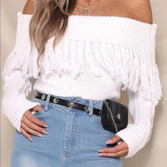 Main Strip Off Shoulder Tassel Long Sleeve Knit Fringe Sweater - Picture 2 of 9